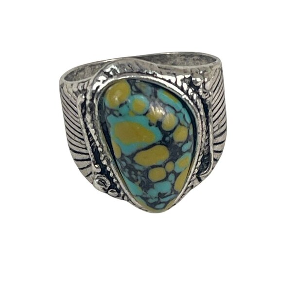 Vintage-Style Silver Ring Teardrop Turquoise Stone Engraved Feathers Boho Sz 10 - Picture 7 of 8